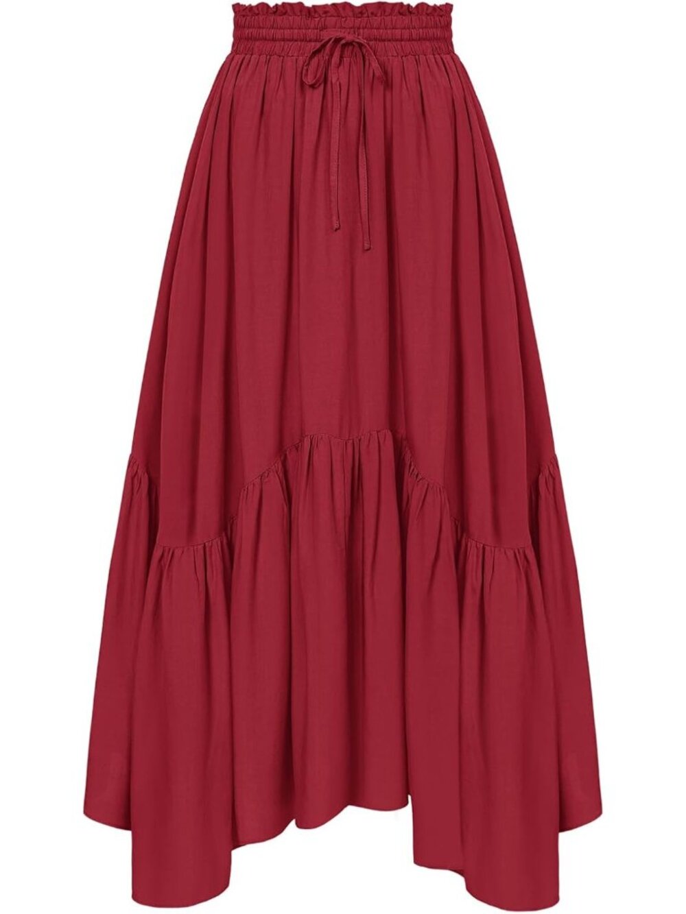 Women Chili Peper Drawstring Renaissance Boho Flowy Asymmetric Tiered Maxi Skirt